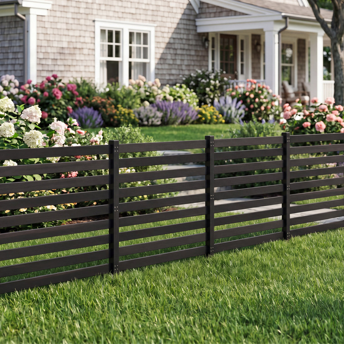 4-Panel Wooden Outdoor Privacy Fence with Ground Stakes-Black view 6