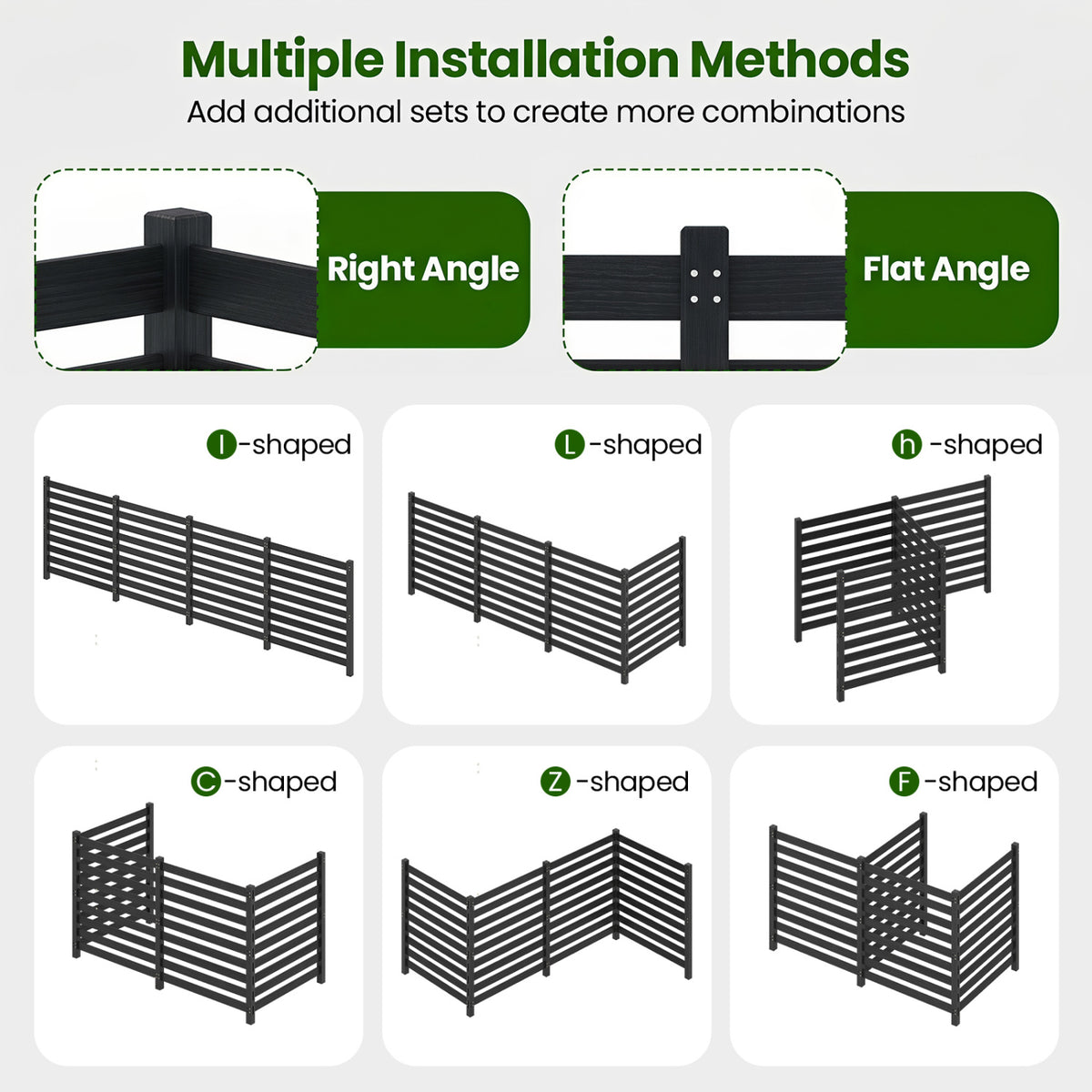 4-Panel Wooden Outdoor Privacy Fence with Ground Stakes-Black view 9