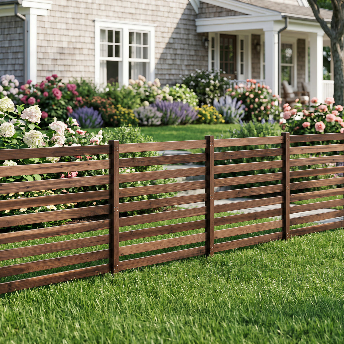 4-Panel Wooden Outdoor Privacy Fence with Ground Stakes-Brown view 6