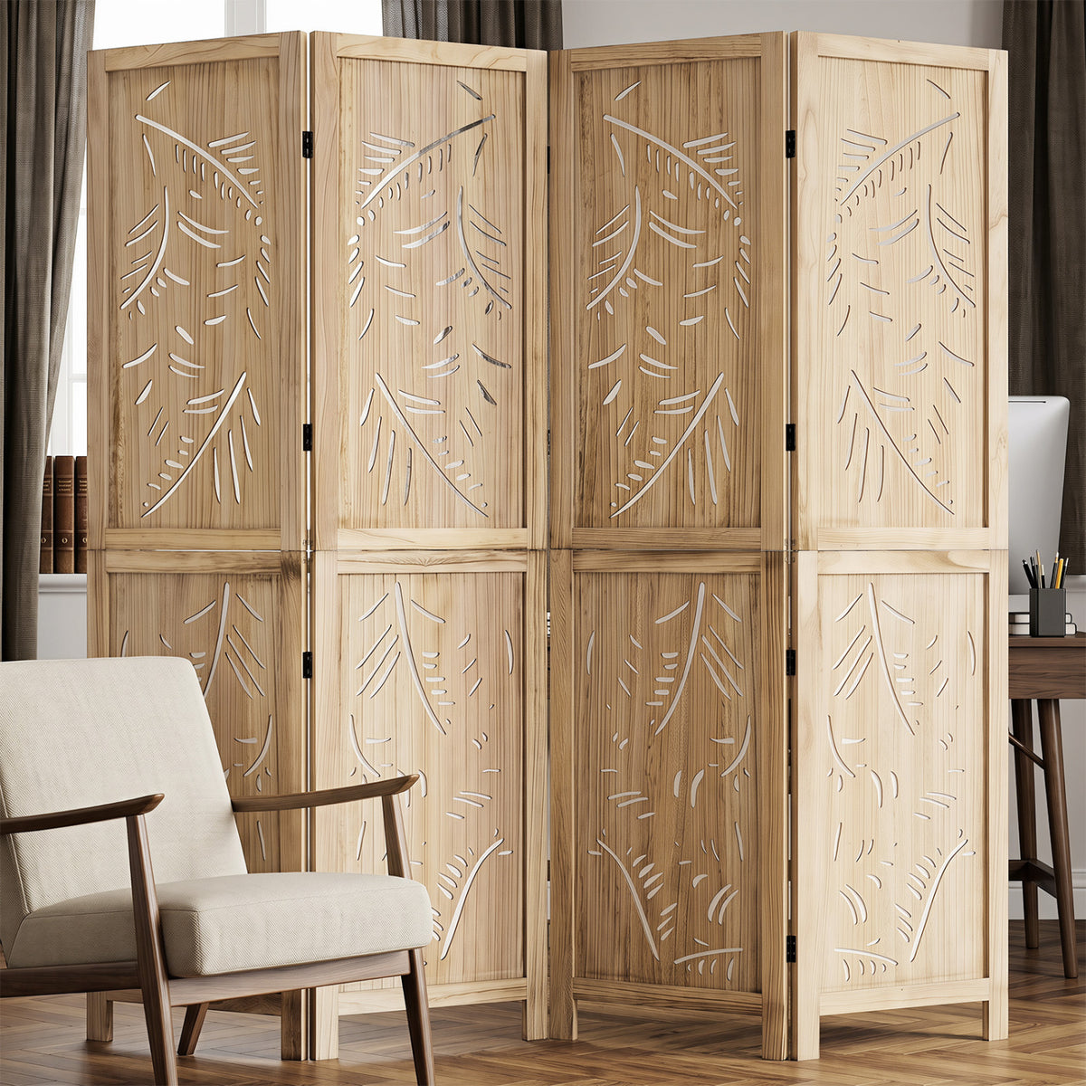 4-Panel Wooden Room Divider with Palm Leaf Design & Paulownia Frame for Home view 2