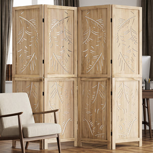 4-Panel Wooden Room Divider with Palm Leaf Design & Paulownia Frame for Home view 2