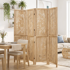 4-Panel Wooden Room Divider with Palm Leaf Design & Paulownia Frame for Home view 3