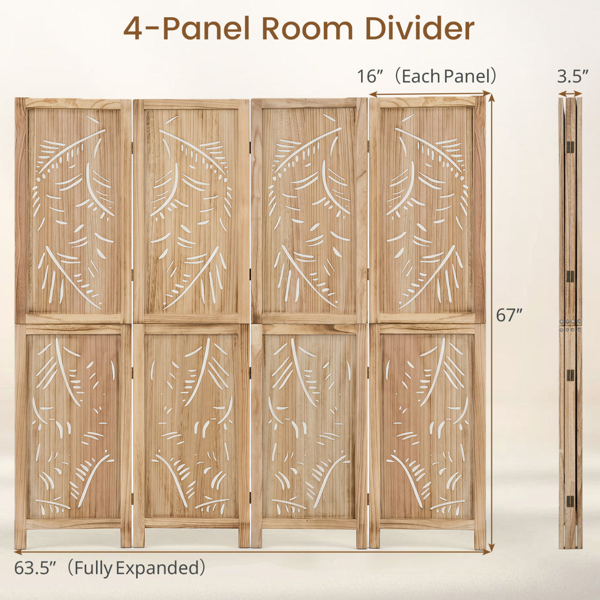 4-Panel Wooden Room Divider with Palm Leaf Design & Paulownia Frame for Home view 4