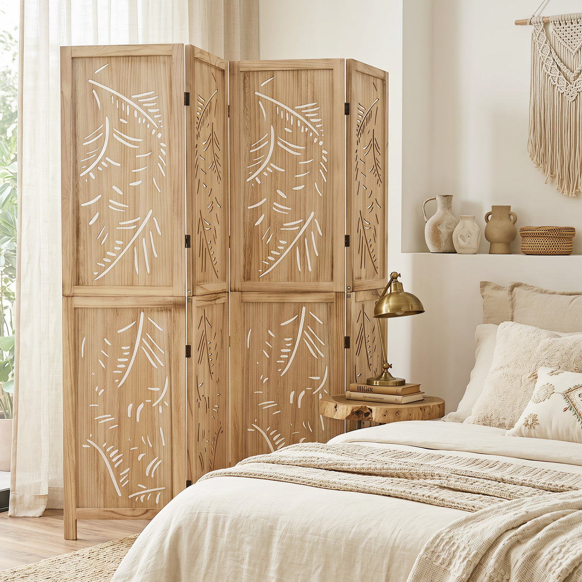 4-Panel Wooden Room Divider with Palm Leaf Design & Paulownia Frame for Home view 5