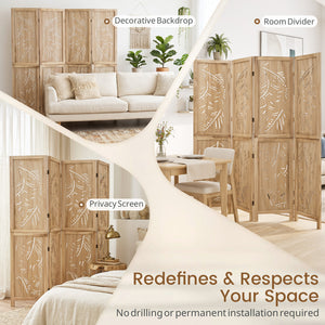 4-Panel Wooden Room Divider with Palm Leaf Design & Paulownia Frame for Home view 6