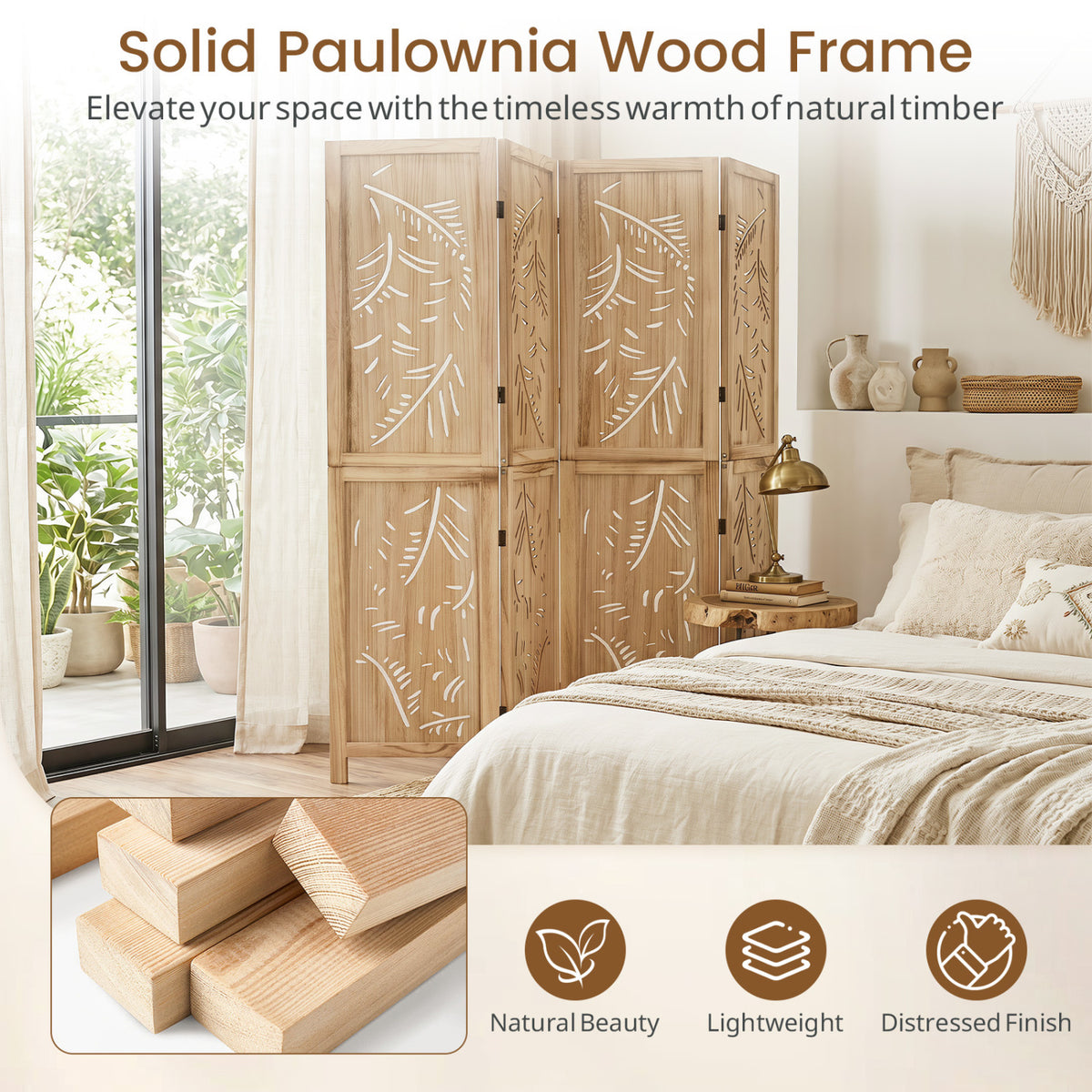 4-Panel Wooden Room Divider with Palm Leaf Design & Paulownia Frame for Home view 7