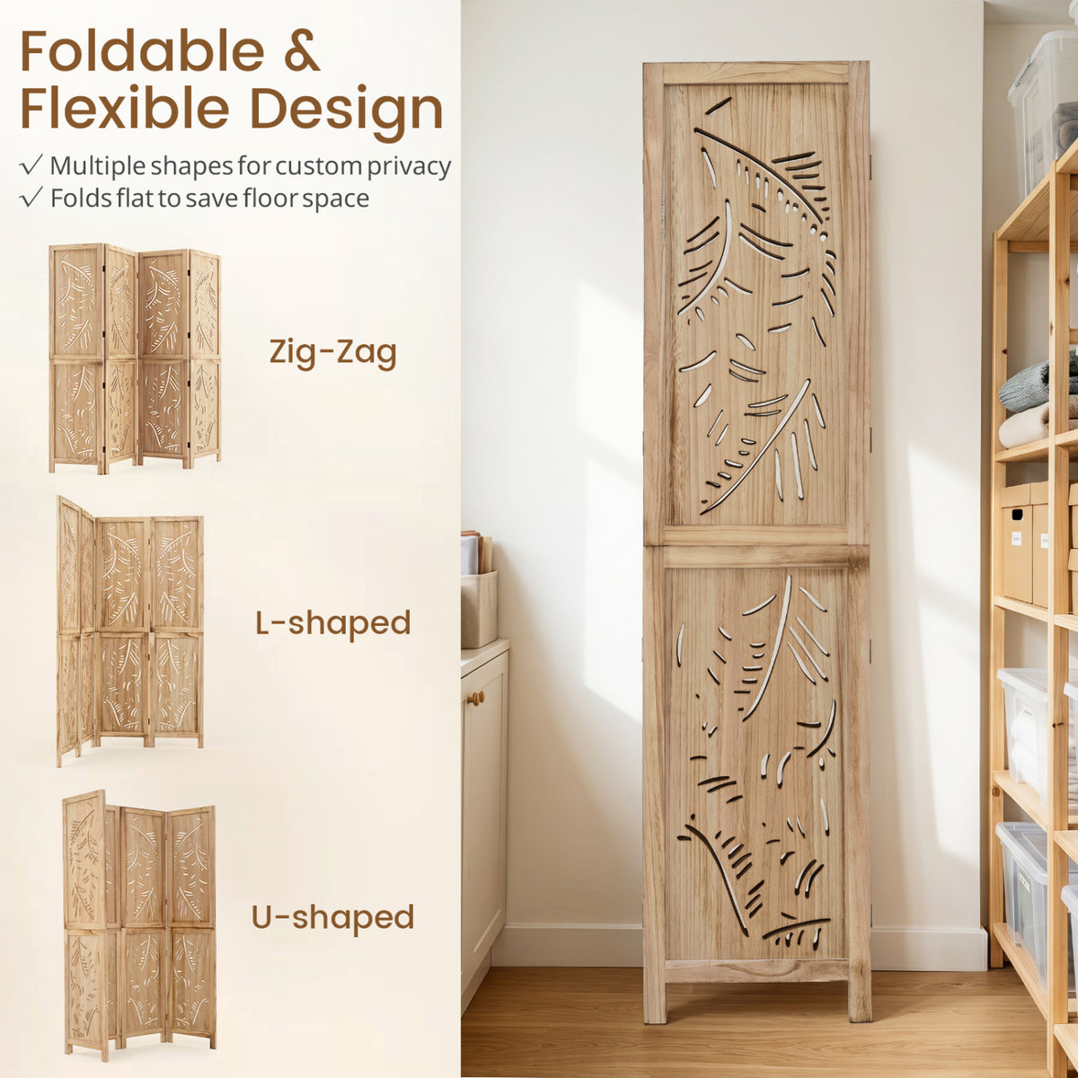 4-Panel Wooden Room Divider with Palm Leaf Design & Paulownia Frame for Home view 8