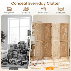 4-Panel Wooden Room Divider with Palm Leaf Design & Paulownia Frame for Home view 9