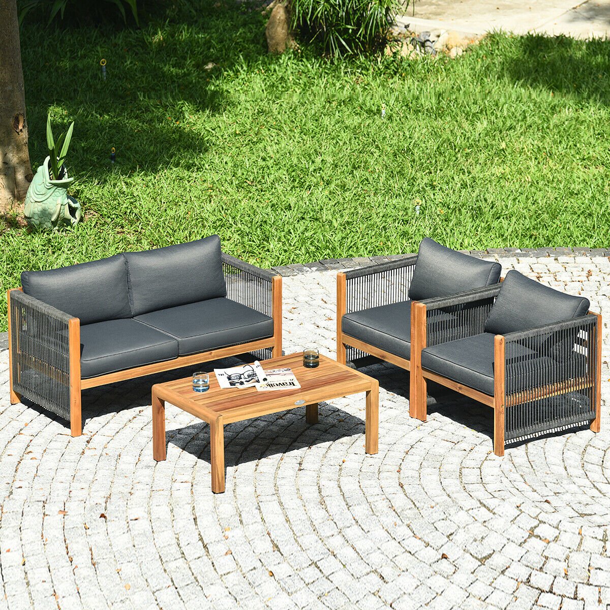 4 Pieces Acacia Wood Outdoor Patio Furniture Set view 3