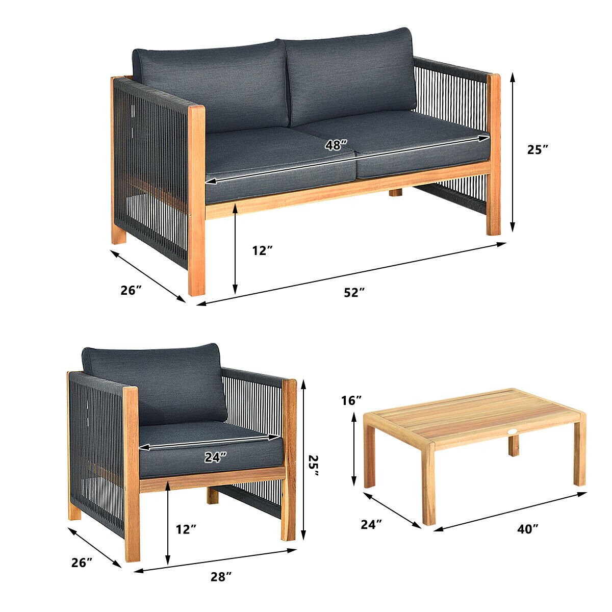 4 Pieces Acacia Wood Outdoor Patio Furniture Set view 5