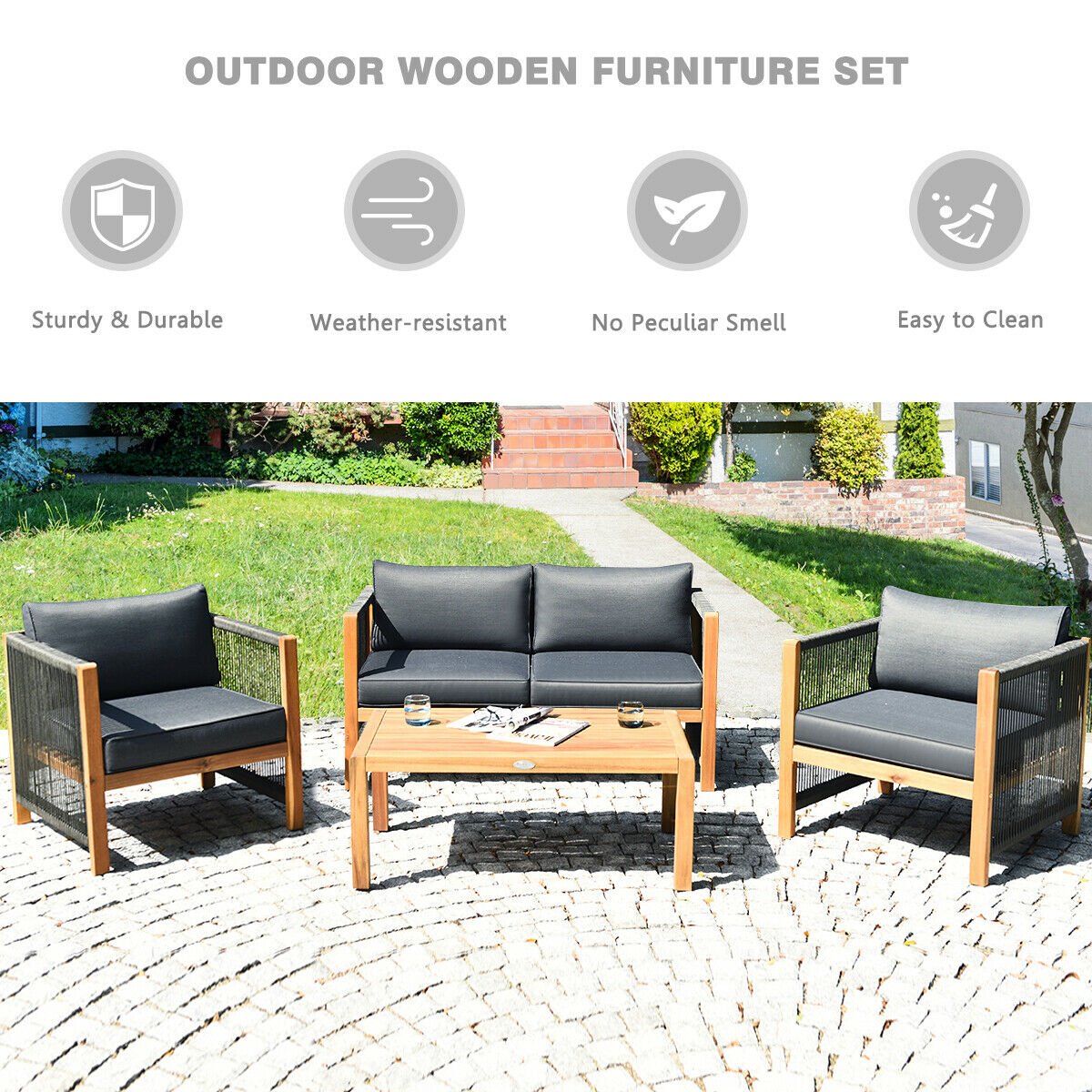 4 Pieces Acacia Wood Outdoor Patio Furniture Set view 6