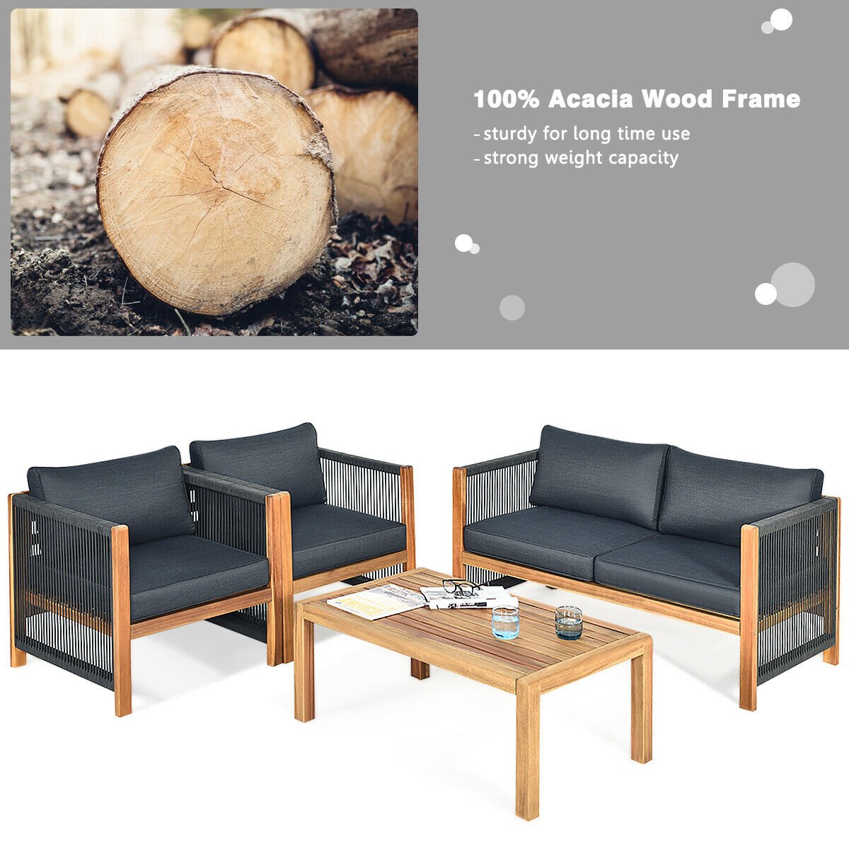 4 Pieces Acacia Wood Outdoor Patio Furniture Set view 9