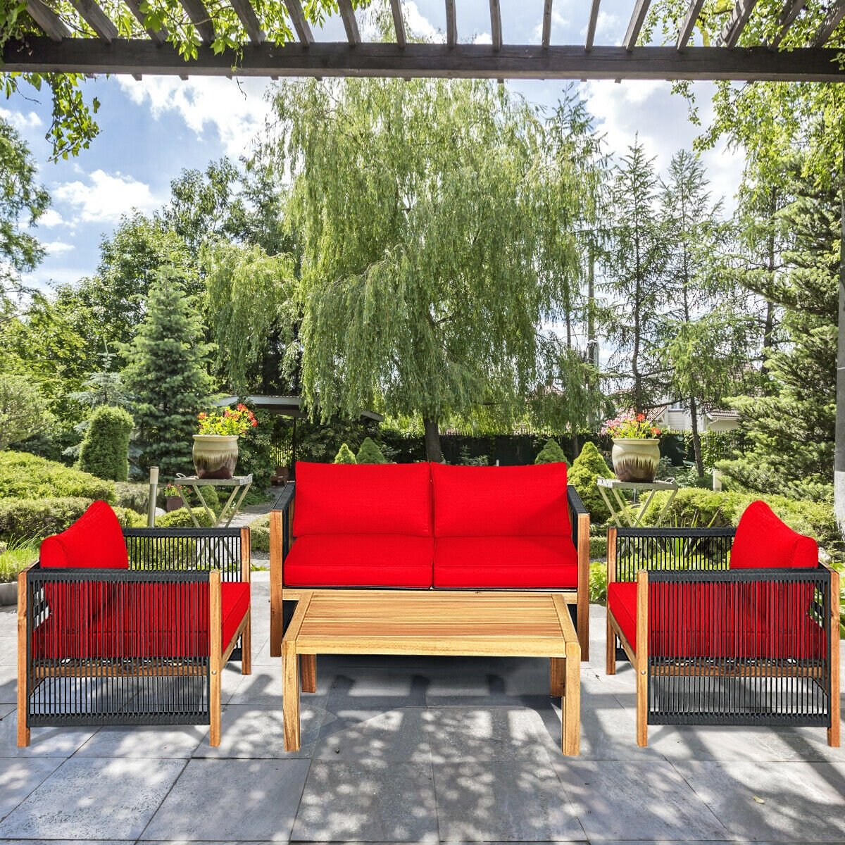 4 Pcs Acacia Wood Outdoor Patio Furniture Set with Cushions-Red view 2