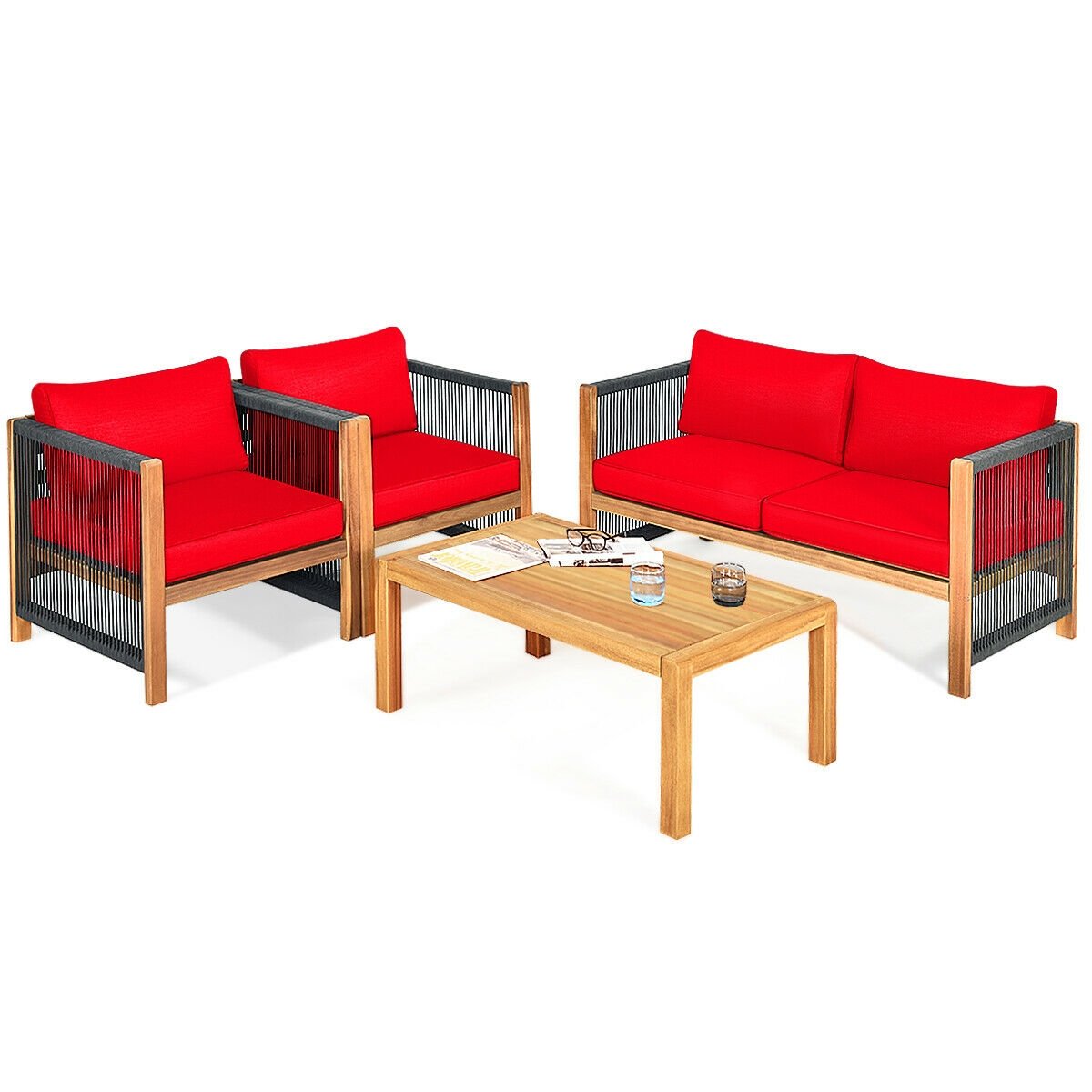 4 Pcs Acacia Wood Outdoor Patio Furniture Set with Cushions-Red view 4