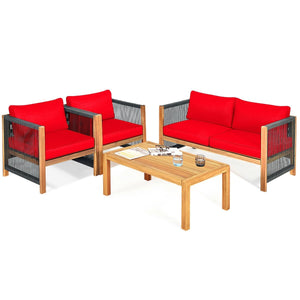 4 Pcs Acacia Wood Outdoor Patio Furniture Set with Cushions-Red view 4