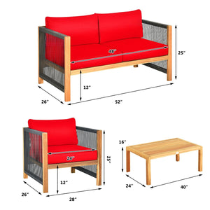 4 Pcs Acacia Wood Outdoor Patio Furniture Set with Cushions-Red view 5