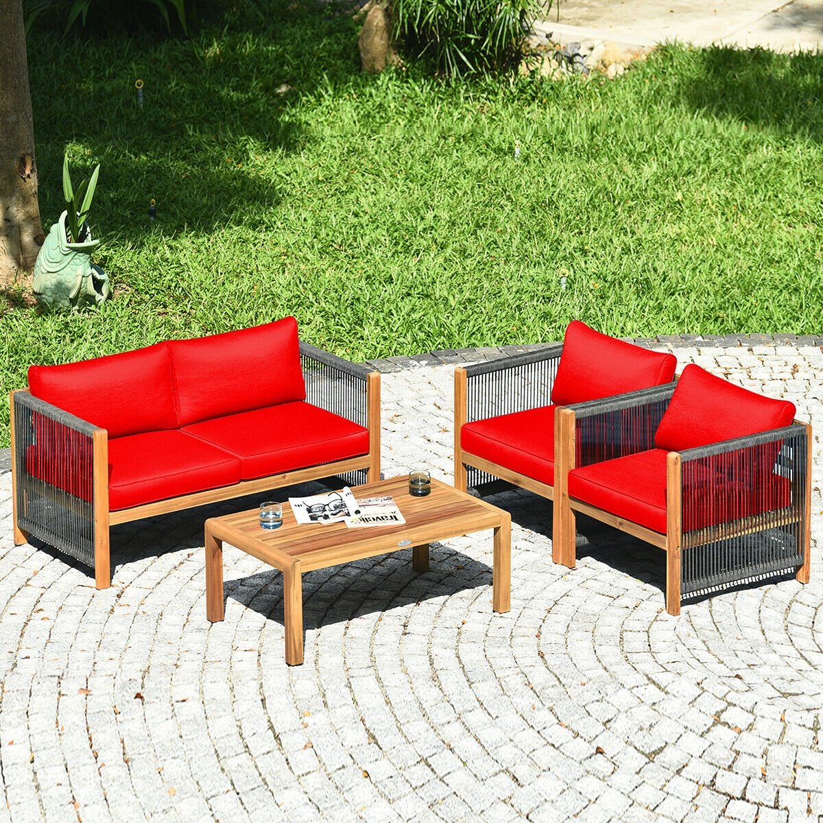 4 Pcs Acacia Wood Outdoor Patio Furniture Set with Cushions-Red view 6