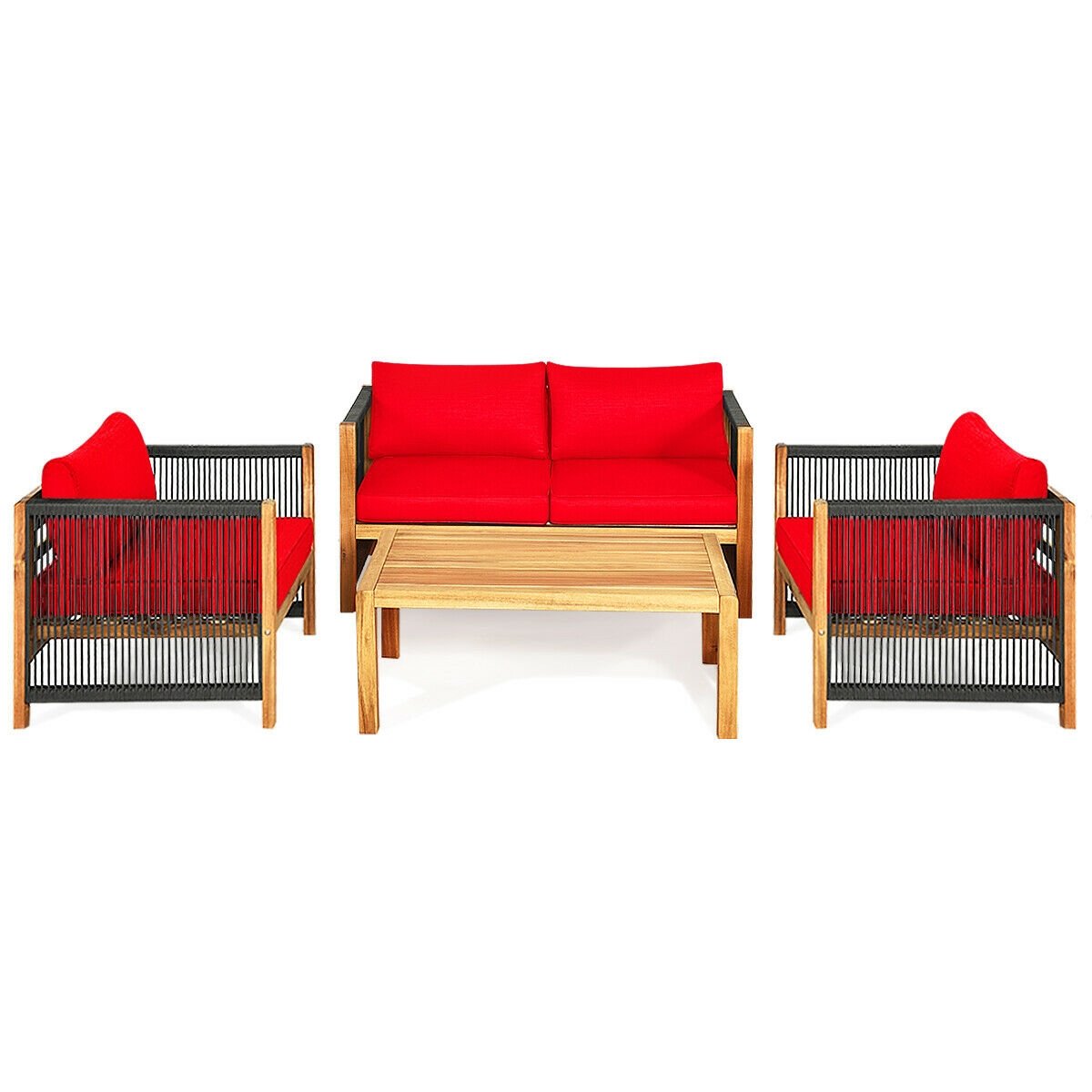 4 Pcs Acacia Wood Outdoor Patio Furniture Set with Cushions-Red view 7
