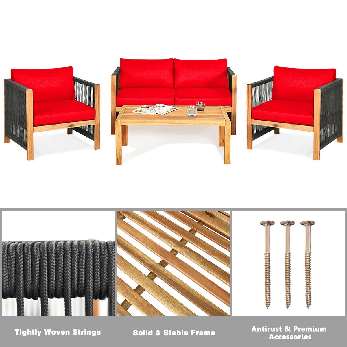4 Pcs Acacia Wood Outdoor Patio Furniture Set with Cushions-Red view 8