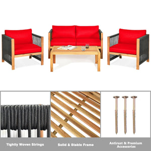 4 Pcs Acacia Wood Outdoor Patio Furniture Set with Cushions-Red view 8