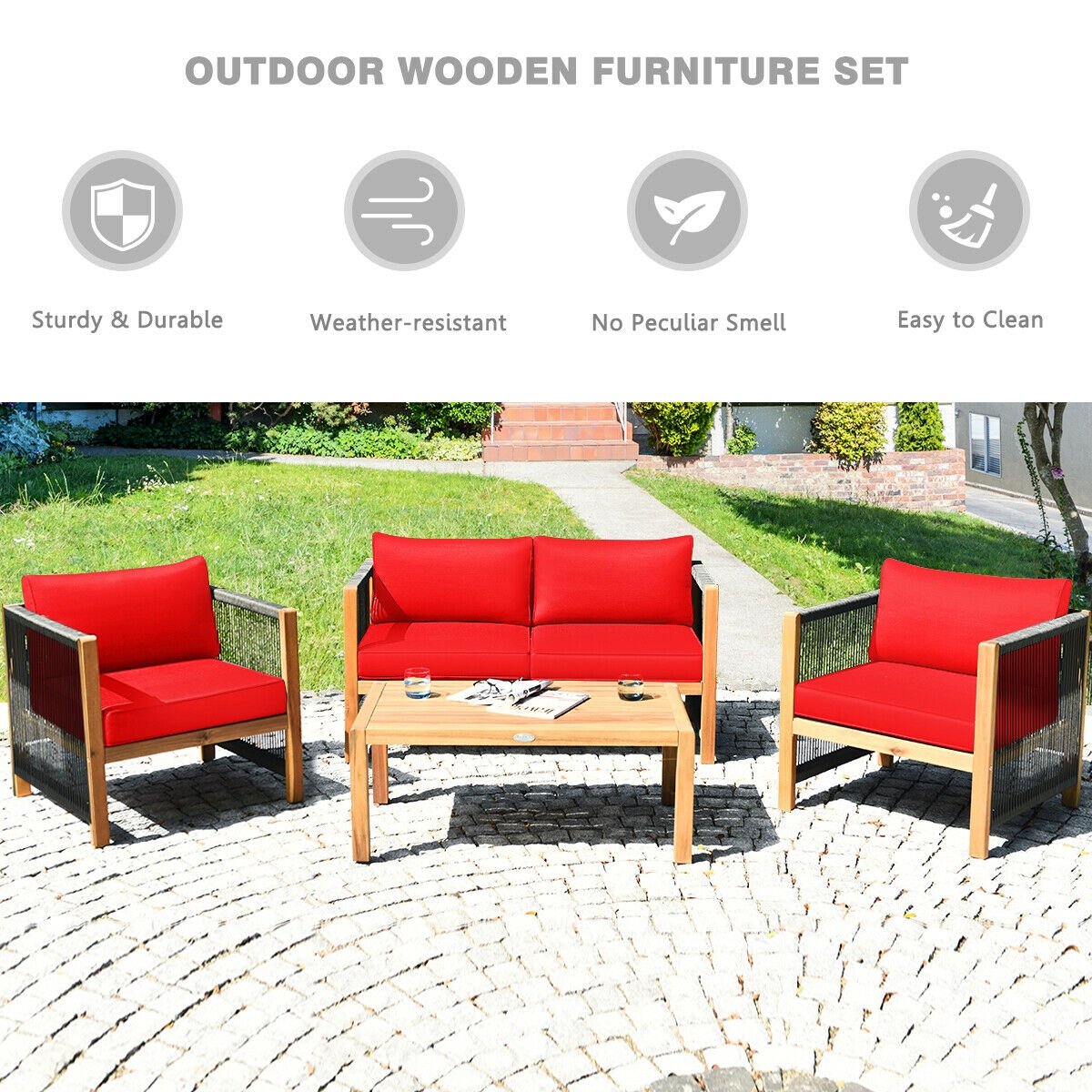 4 Pcs Acacia Wood Outdoor Patio Furniture Set with Cushions-Red view 9