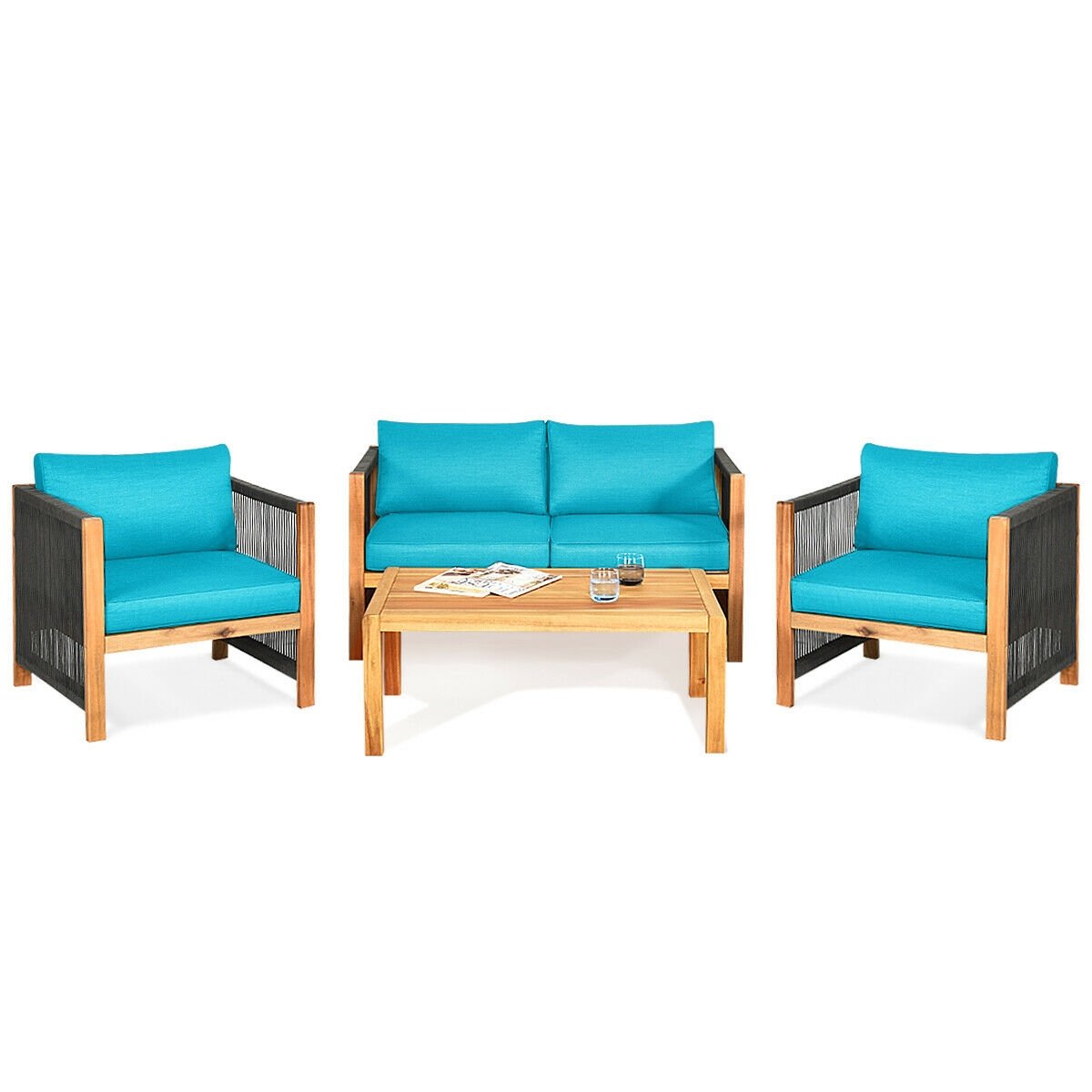 4 Pcs Acacia Wood Outdoor Patio Furniture Set with Cushions-Turquoise