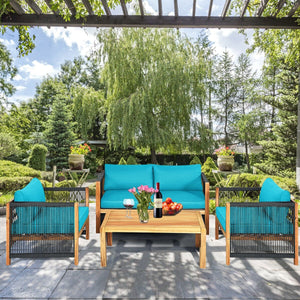 4 Pcs Acacia Wood Outdoor Patio Furniture Set with Cushions-Turquoise view 2