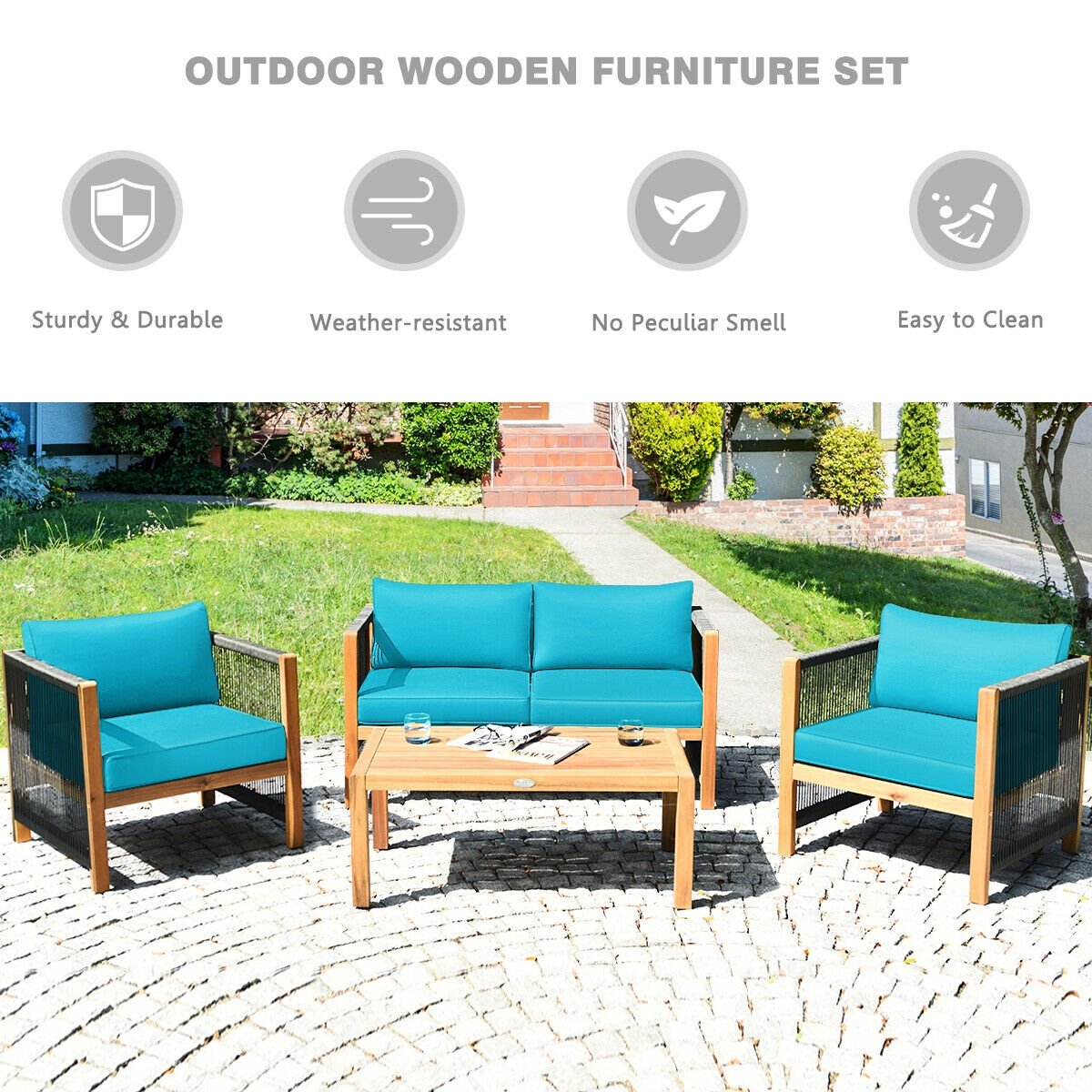 4 Pcs Acacia Wood Outdoor Patio Furniture Set with Cushions-Turquoise view 3