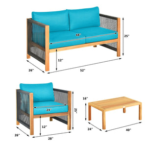 4 Pcs Acacia Wood Outdoor Patio Furniture Set with Cushions-Turquoise view 4