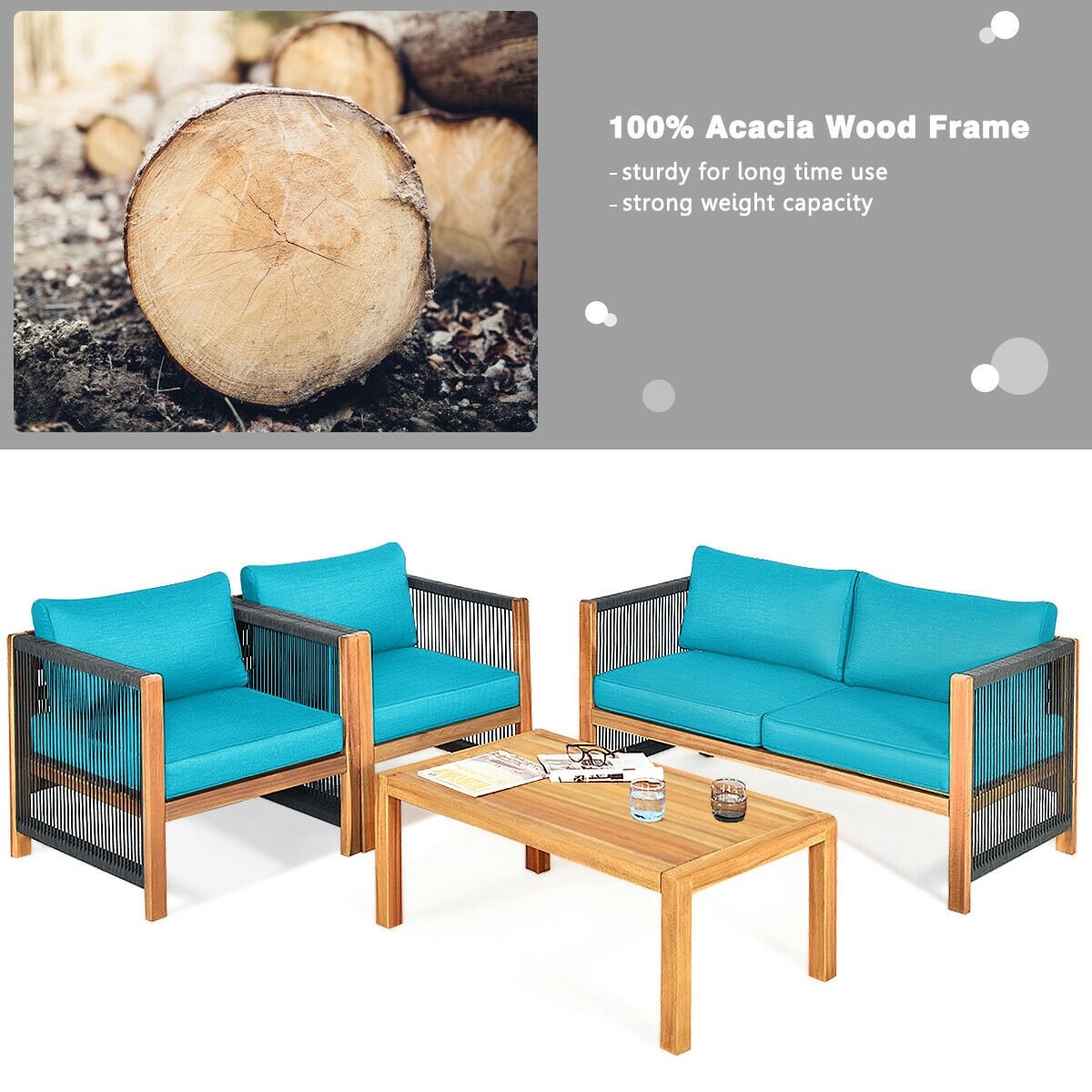 4 Pcs Acacia Wood Outdoor Patio Furniture Set with Cushions-Turquoise view 5