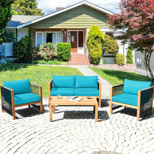 4 Pcs Acacia Wood Outdoor Patio Furniture Set with Cushions-Turquoise view 6