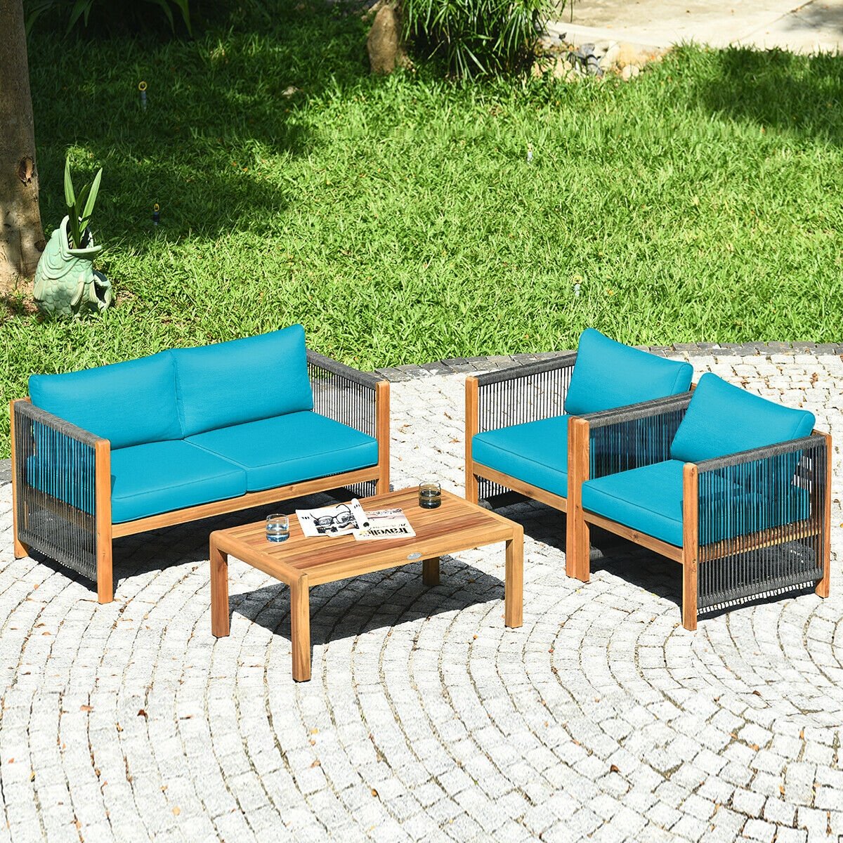 4 Pcs Acacia Wood Outdoor Patio Furniture Set with Cushions-Turquoise view 7