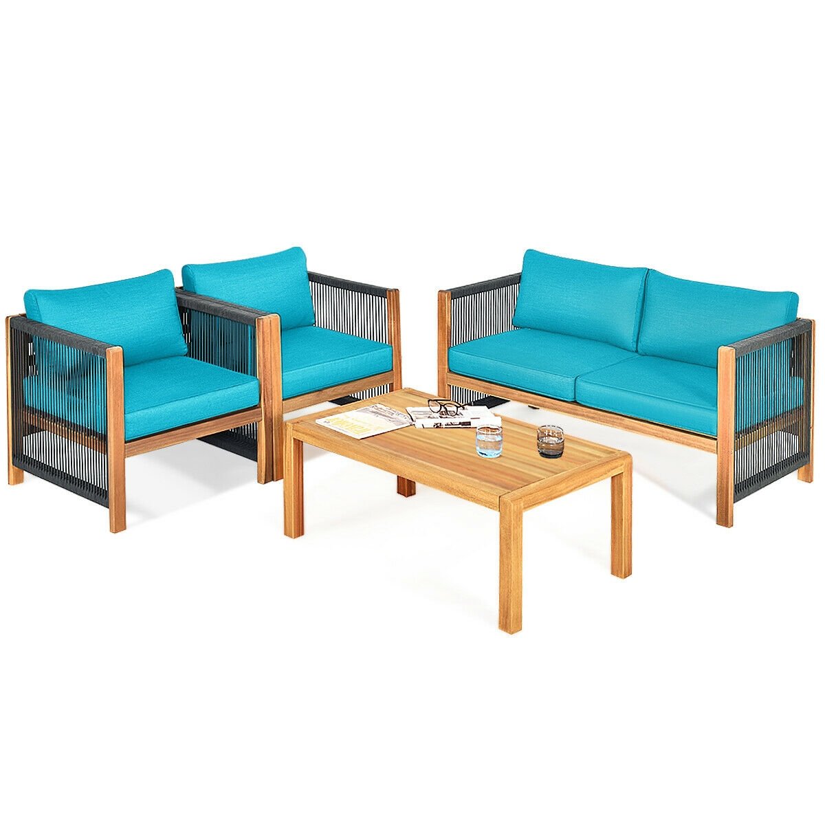 4 Pcs Acacia Wood Outdoor Patio Furniture Set with Cushions-Turquoise view 8