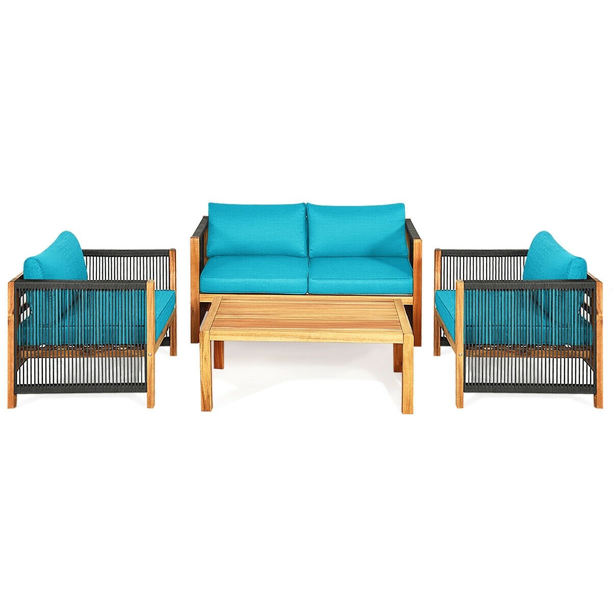 4 Pcs Acacia Wood Outdoor Patio Furniture Set with Cushions-Turquoise view 9
