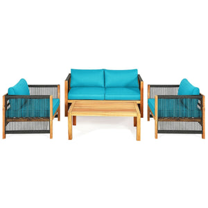 4 Pcs Acacia Wood Outdoor Patio Furniture Set with Cushions-Turquoise view 9