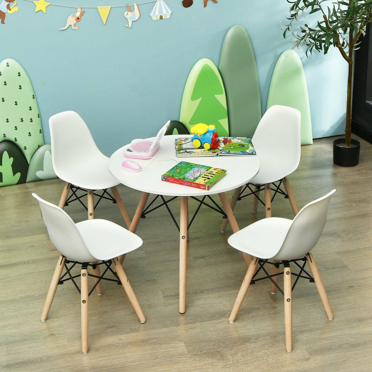 4 Pieces Medieval Style Children Chair Set with Wood Legs-White view 6