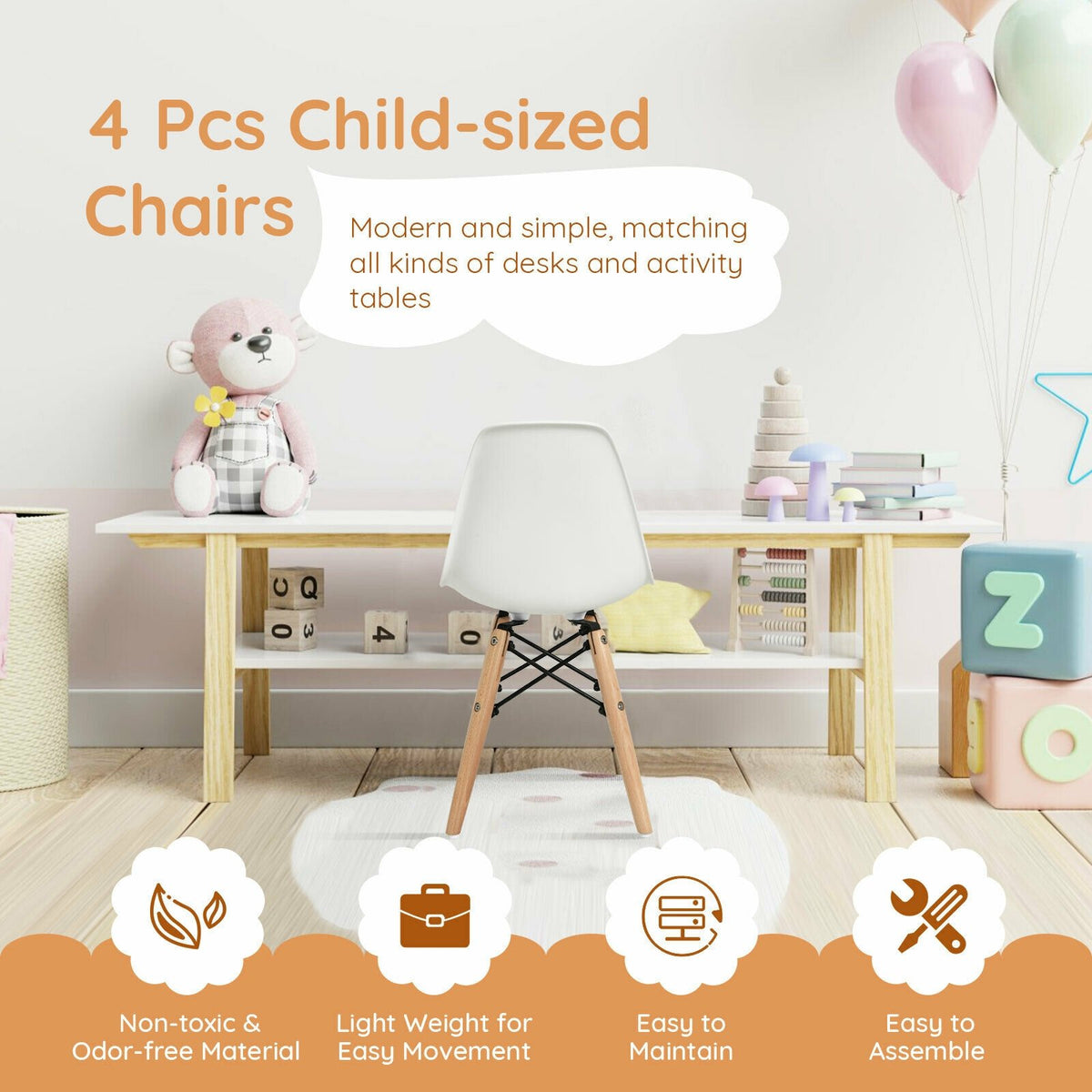 4 Pieces Medieval Style Children Chair Set with Wood Legs-White view 8