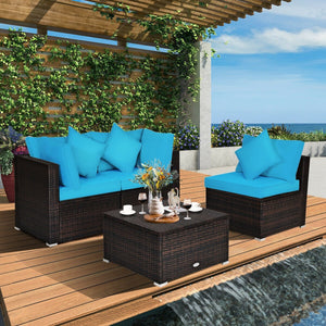 4 Pcs Ottoman Garden Deck Patio Rattan Wicker Furniture Set Cushioned Sofa-Turquoise view 2