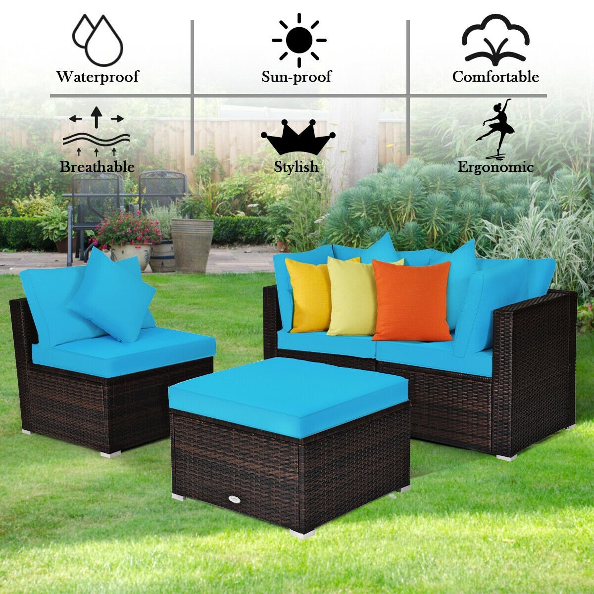 4 Pcs Ottoman Garden Deck Patio Rattan Wicker Furniture Set Cushioned Sofa-Turquoise view 3