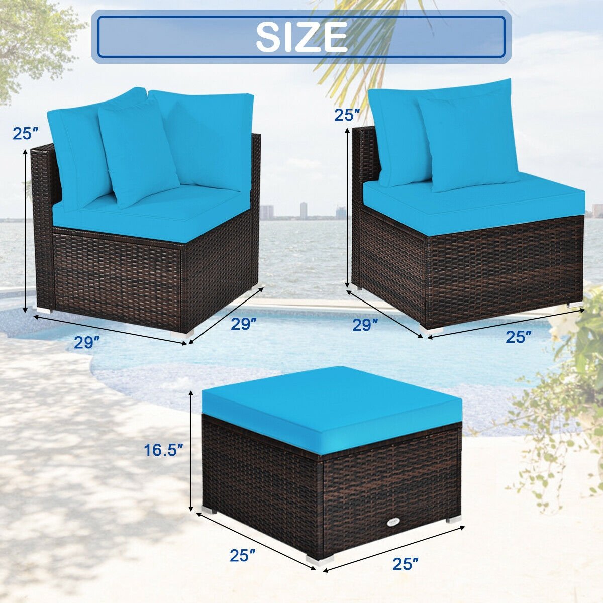 4 Pcs Ottoman Garden Deck Patio Rattan Wicker Furniture Set Cushioned Sofa-Turquoise view 4