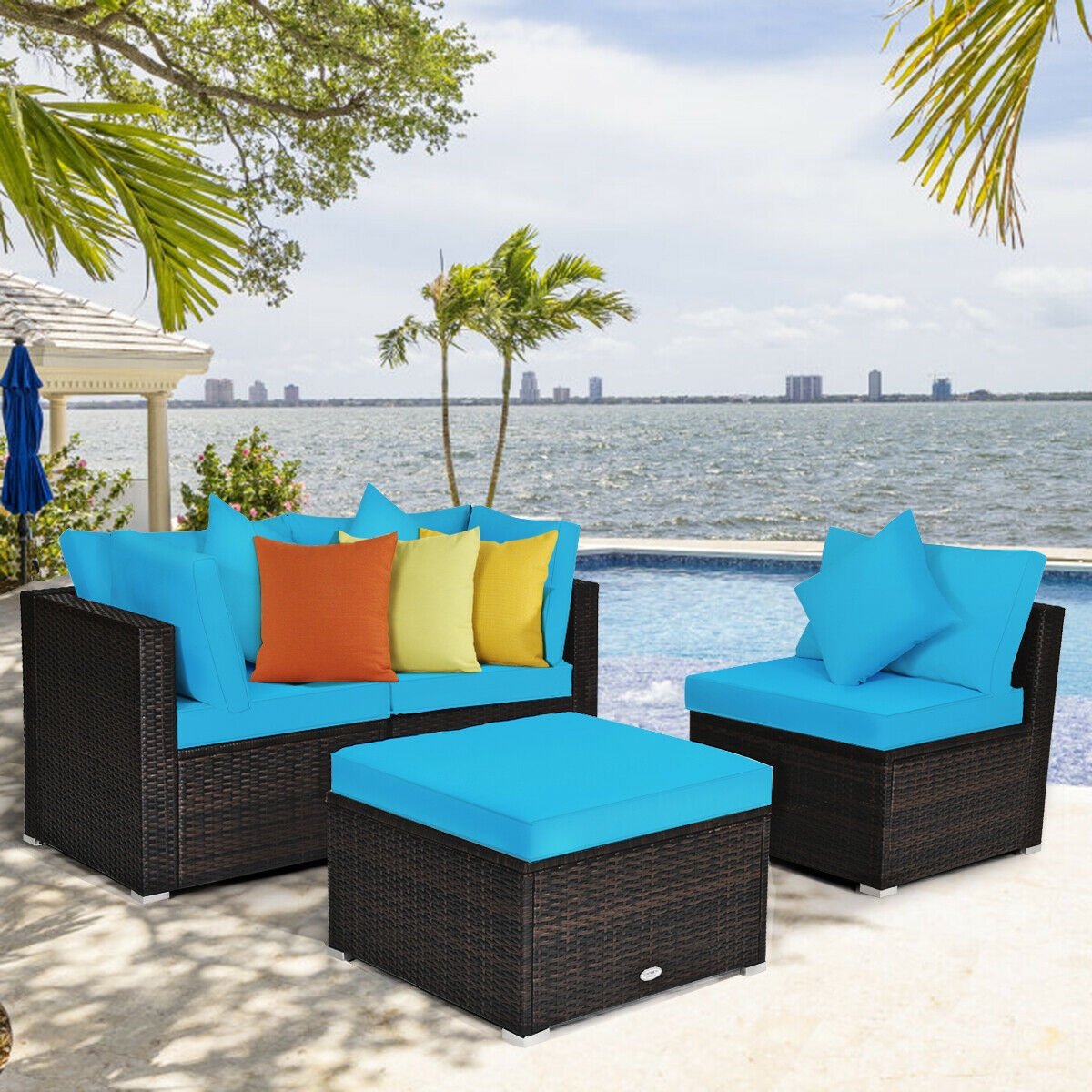 4 Pcs Ottoman Garden Deck Patio Rattan Wicker Furniture Set Cushioned Sofa-Turquoise view 6