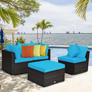 4 Pcs Ottoman Garden Deck Patio Rattan Wicker Furniture Set Cushioned Sofa-Turquoise view 6