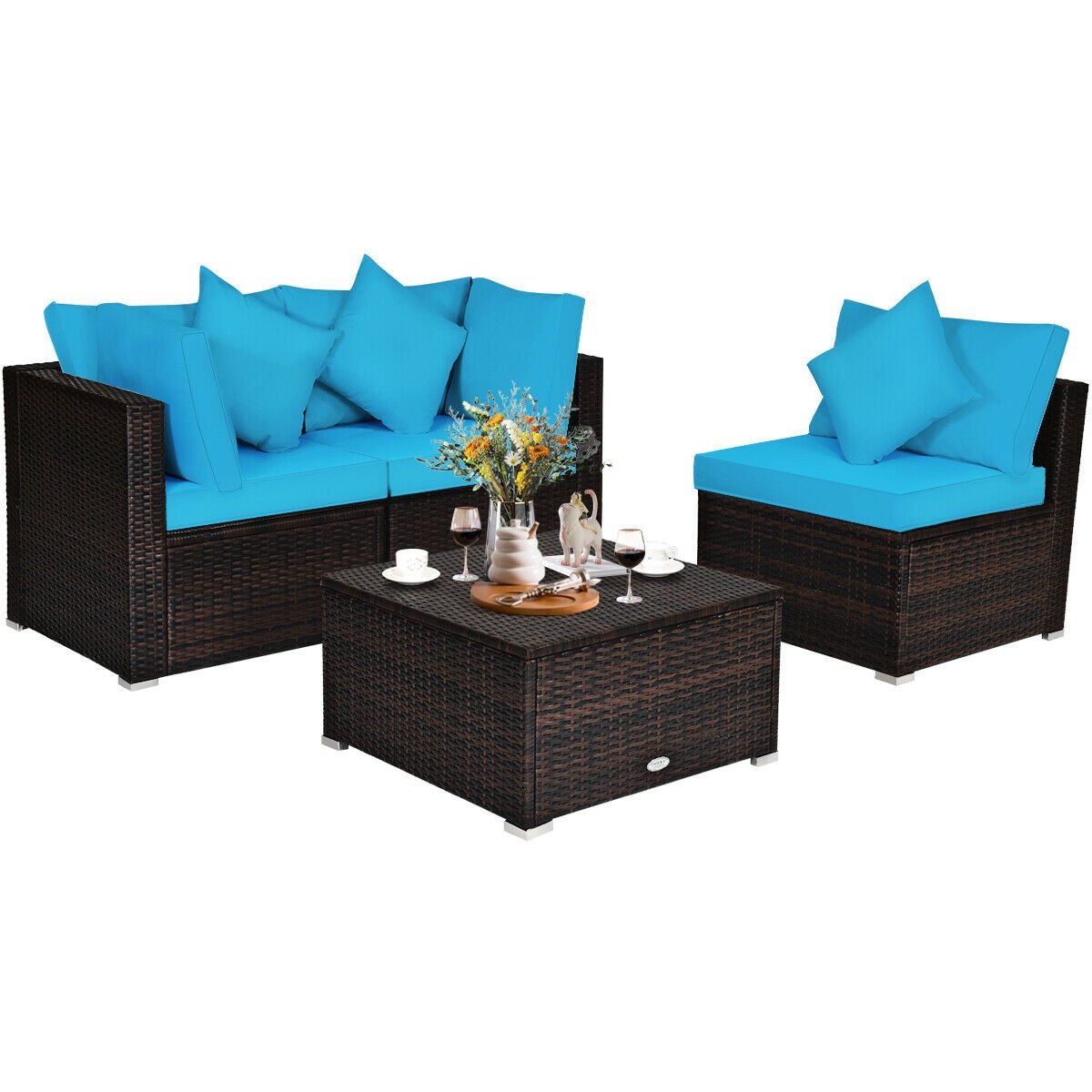 4 Pcs Ottoman Garden Deck Patio Rattan Wicker Furniture Set Cushioned Sofa-Turquoise view 8