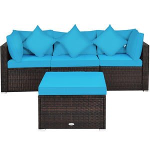4 Pcs Ottoman Garden Deck Patio Rattan Wicker Furniture Set Cushioned Sofa-Turquoise view 9