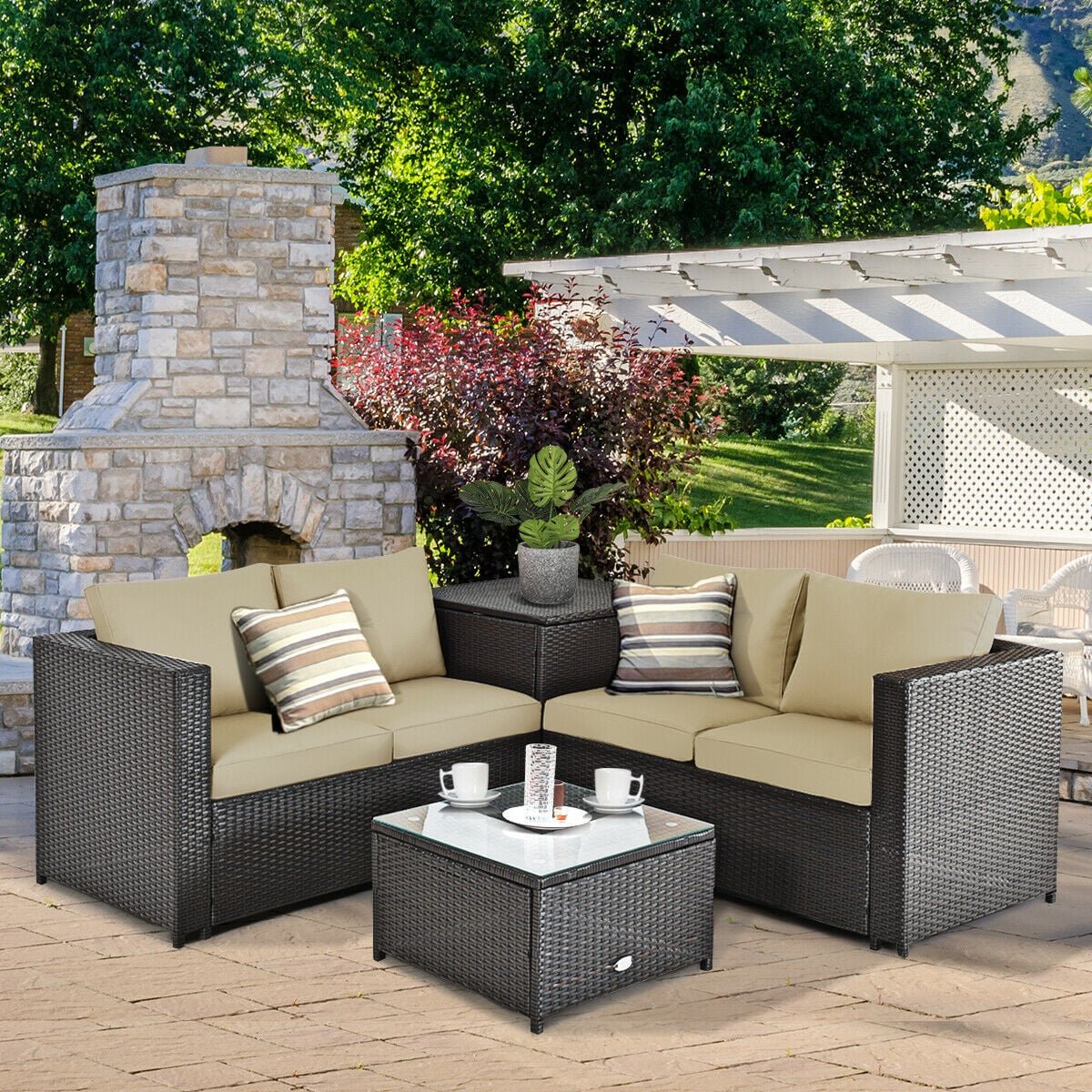 4 Pieces Outdoor Patio Rattan Furniture Set with Cushioned Loveseat and Storage Box-Brown view 2
