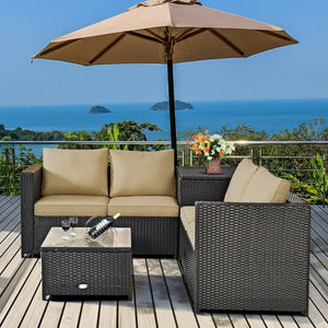 4 Pieces Outdoor Patio Rattan Furniture Set with Cushioned Loveseat and Storage Box-Brown view 3