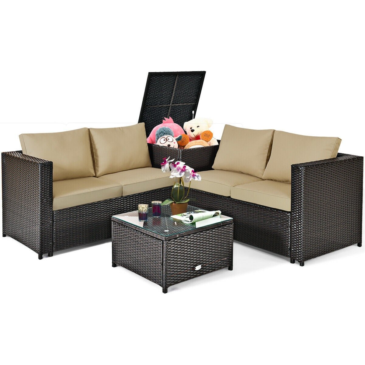 4 Pieces Outdoor Patio Rattan Furniture Set with Cushioned Loveseat and Storage Box-Brown view 4