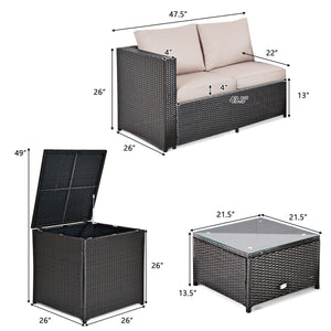 4 Pieces Outdoor Patio Rattan Furniture Set with Cushioned Loveseat and Storage Box-Brown view 5