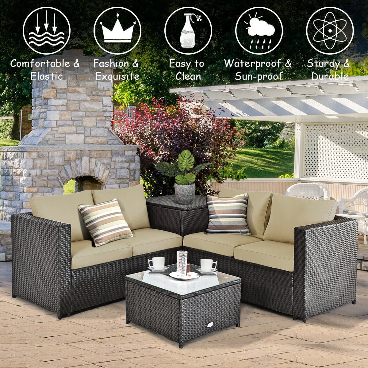 4 Pieces Outdoor Patio Rattan Furniture Set with Cushioned Loveseat and Storage Box-Brown view 7