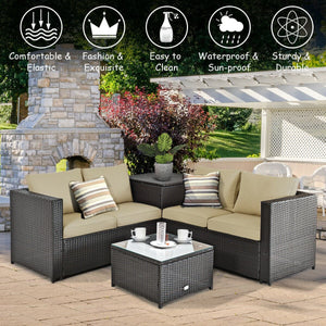 4 Pieces Outdoor Patio Rattan Furniture Set with Cushioned Loveseat and Storage Box-Brown view 7